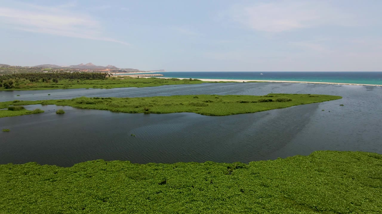 San Jose del Cabo aerial view showing marsh islands spreading across the foreground, lagoon water channels in the middle, ocean surf line in back, low hills at left, and no visible people.