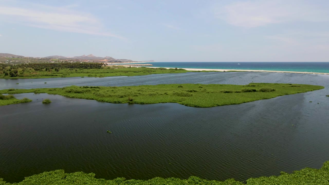 Aerial wetland view with open water foreground and marsh across the middle.