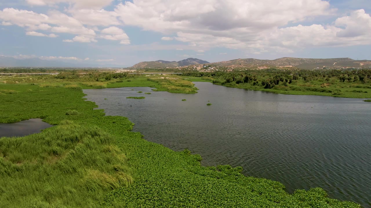 High aerial frame of the San Jose Del Cabo wetland, showing a broad water channel bordered by dense green vegetation, distant hills, cloud cover, and no visible people.