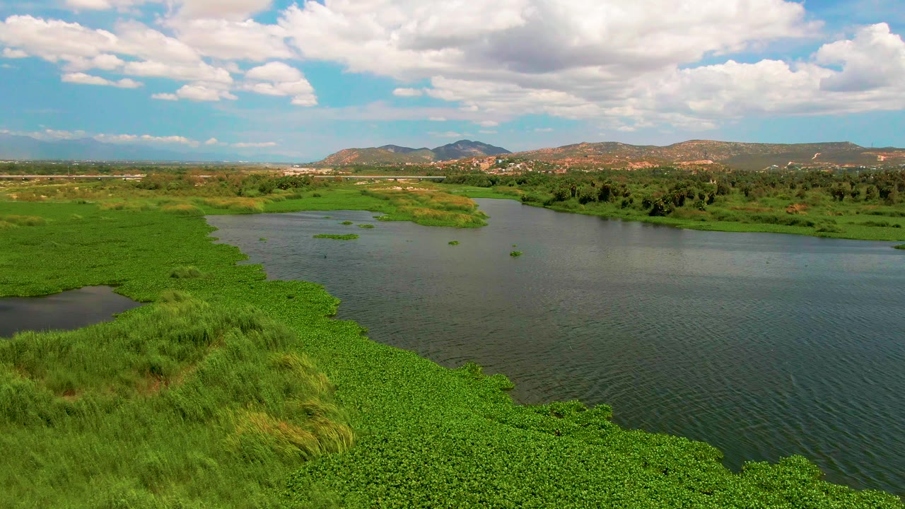 San Jose Del Cabo landscape frame with green banks in the foreground, a calm river channel through the center, distant hills, partly cloudy sky, and no visible people.