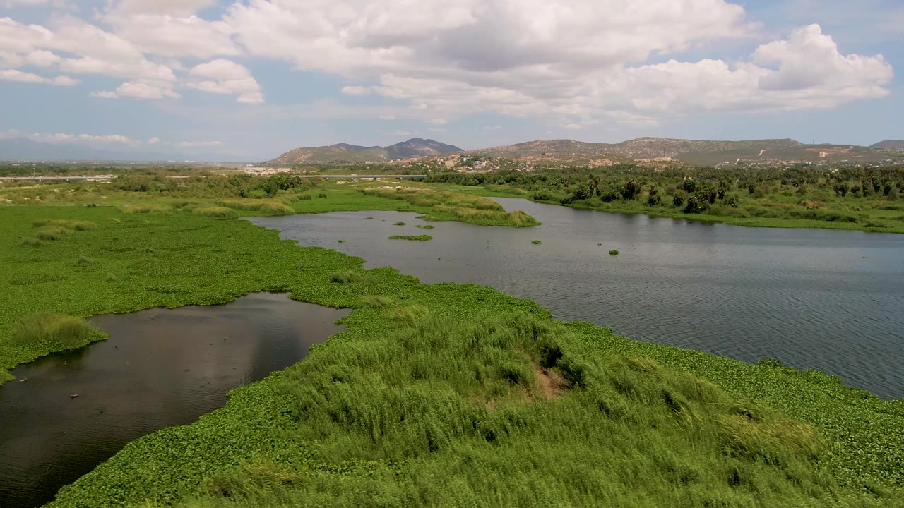 Wide aerial frame from San Jose del Cabo showing green vegetation filling the lower frame, water channels across the center, hills in the distance, broken clouds overhead, and no visible people.