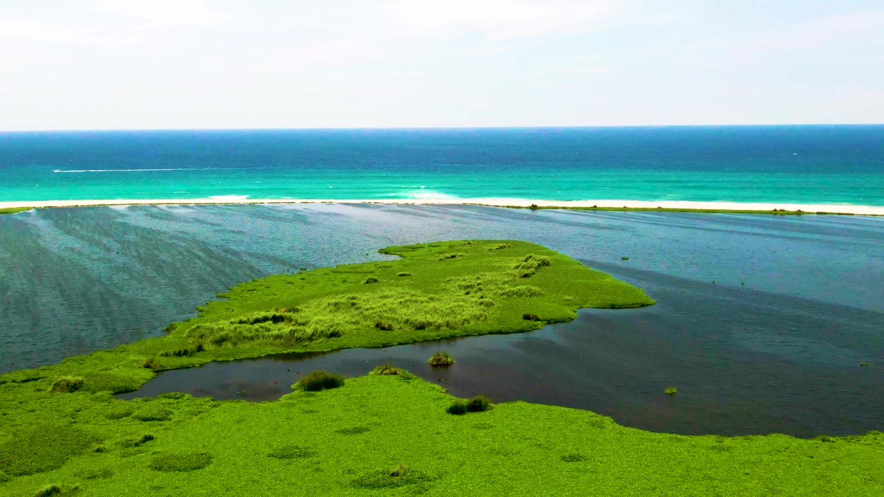 A second aerial view in San Jose Del Cabo shows the central green wetland island surrounded by lagoon water, with the beach and ocean stretching across the background and no visible people.