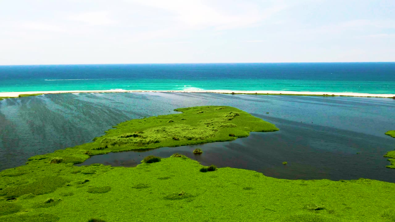 Wide aerial of lagoon, green marsh, beach strip, and ocean horizon
