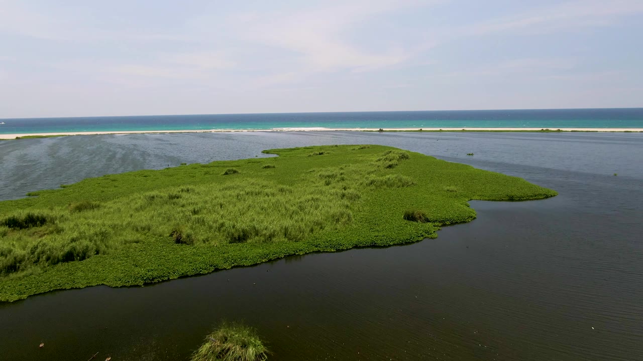 Aerial view in San Jose Del Cabo, Mexico, showing the lagoon island from a slightly shifted angle, with rounded green edges, open dark water, ocean beyond, and no visible people.