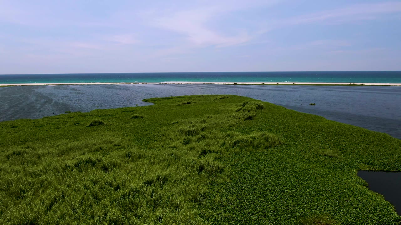 Wide aerial view in San Jose del Cabo, Mexico, showing a green grassy island, dark lagoon water, ocean surf line, pale sky, and no visible people.