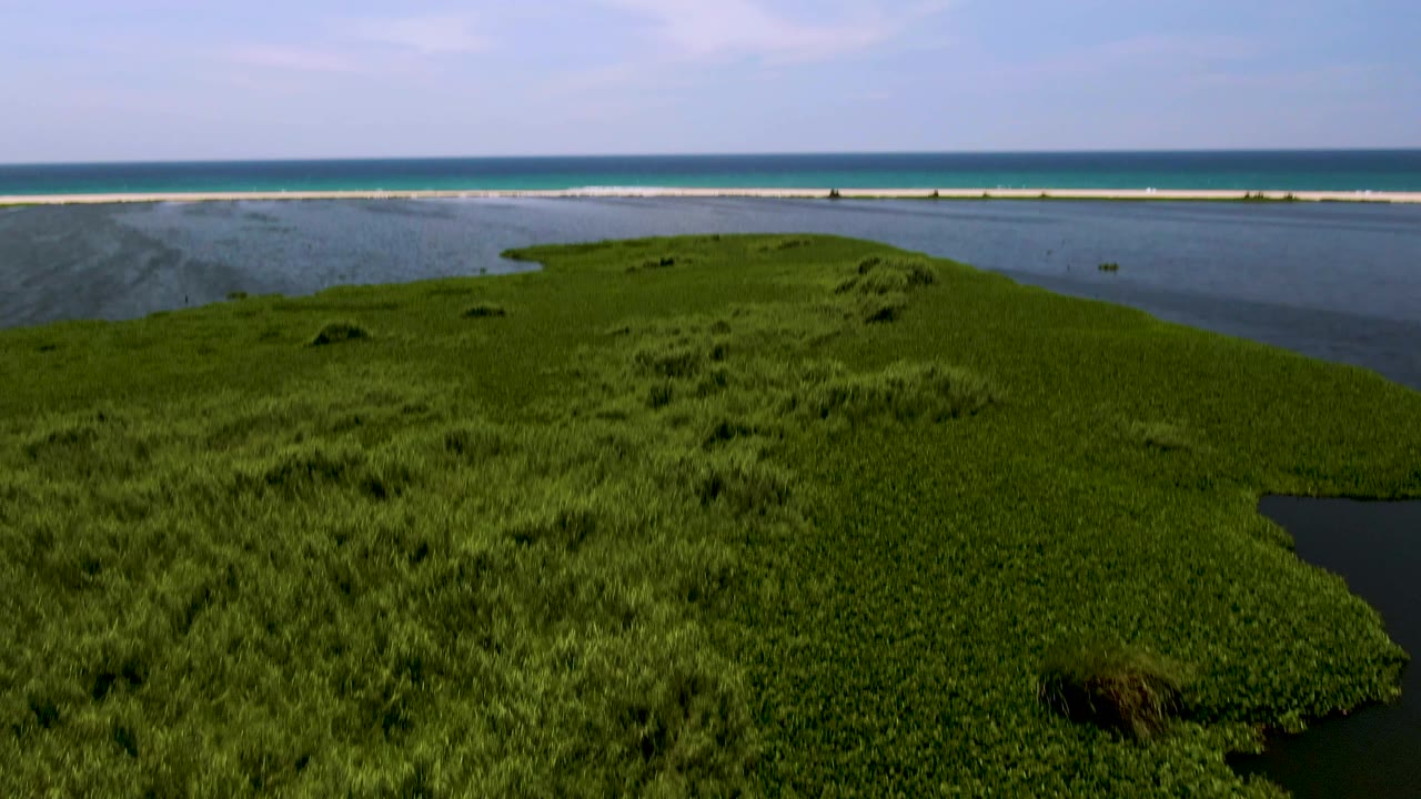 Aerial view moving closer over green island vegetation and water