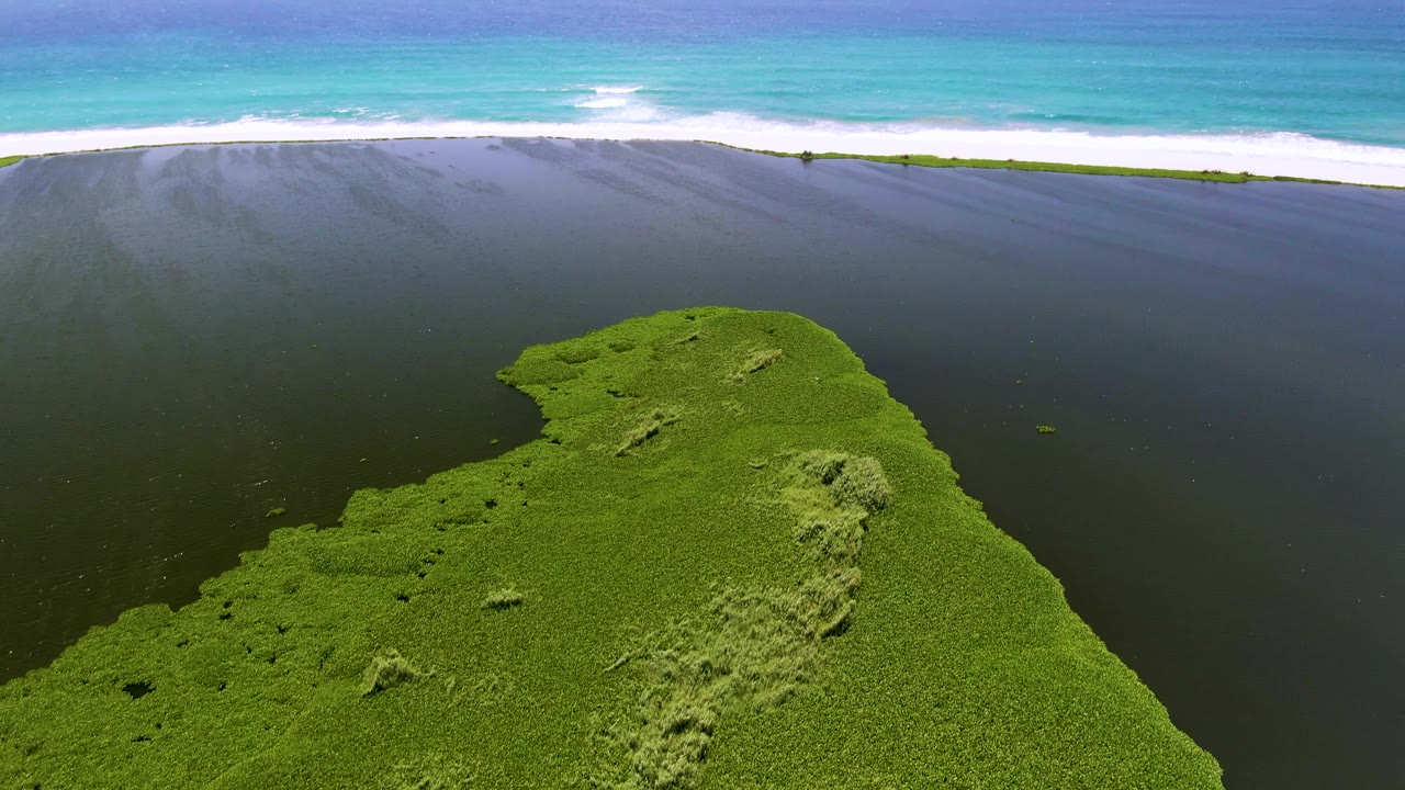 Second aerial frame over San Jose del Cabo, Mexico, showing the green landmass slightly more centered below dark nearshore water, white surf, turquoise sea, and no visible people.