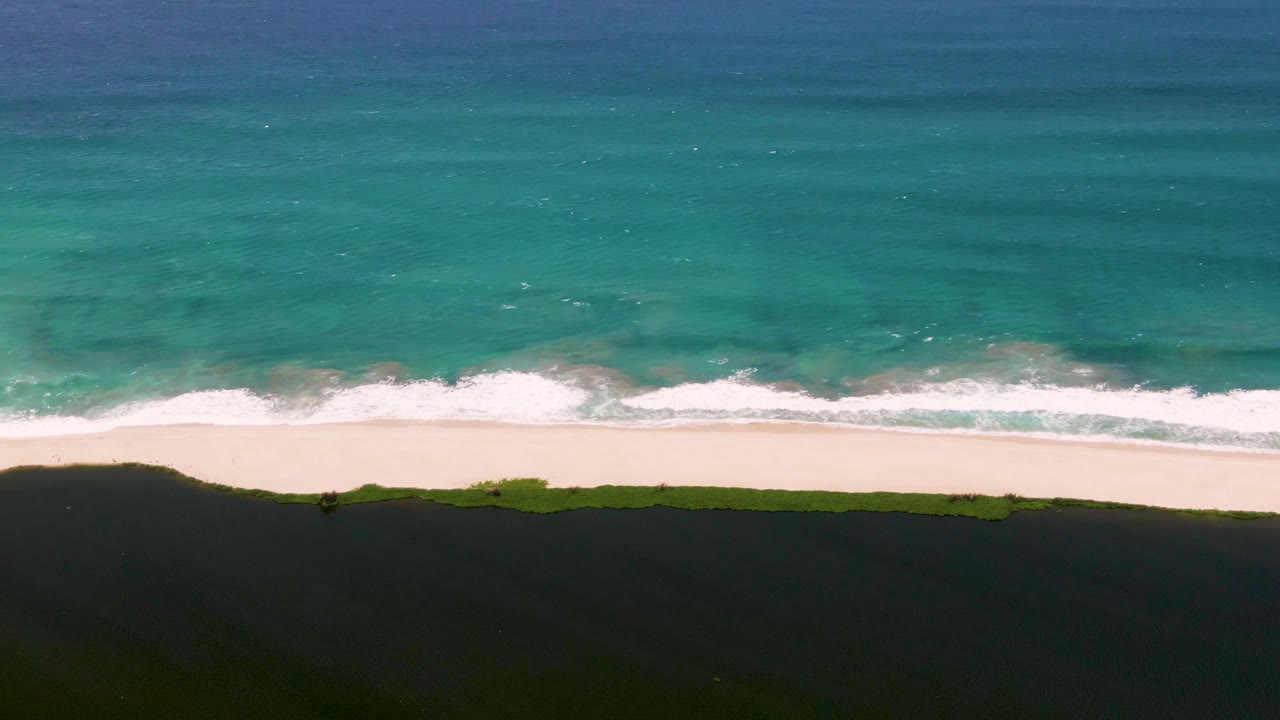 Overhead view in San Jose del Cabo showing turquoise ocean at the top, a white surf band, pale sand, green coastal vegetation, and a broad dark shadow along the lower edge with no visible people.