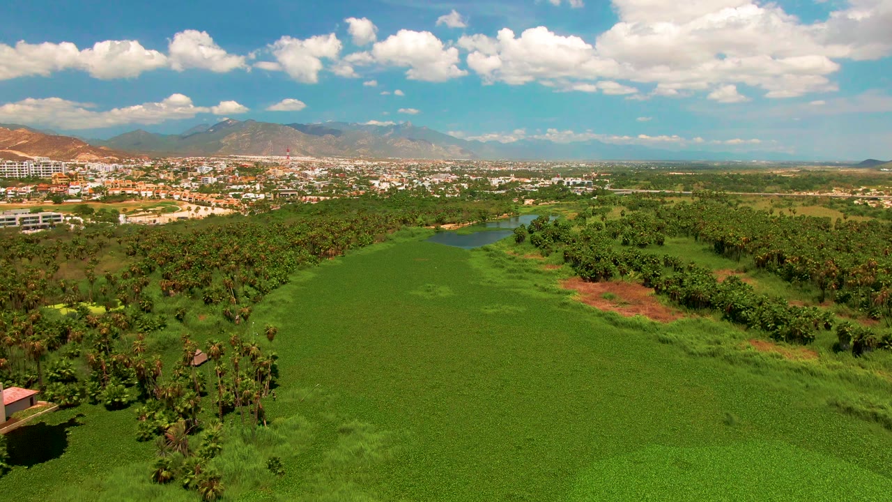 Drone view over San Jose Del Cabo, Baja California Sur with the green field filling the foreground, trees and a small water channel beyond, and no visible people.