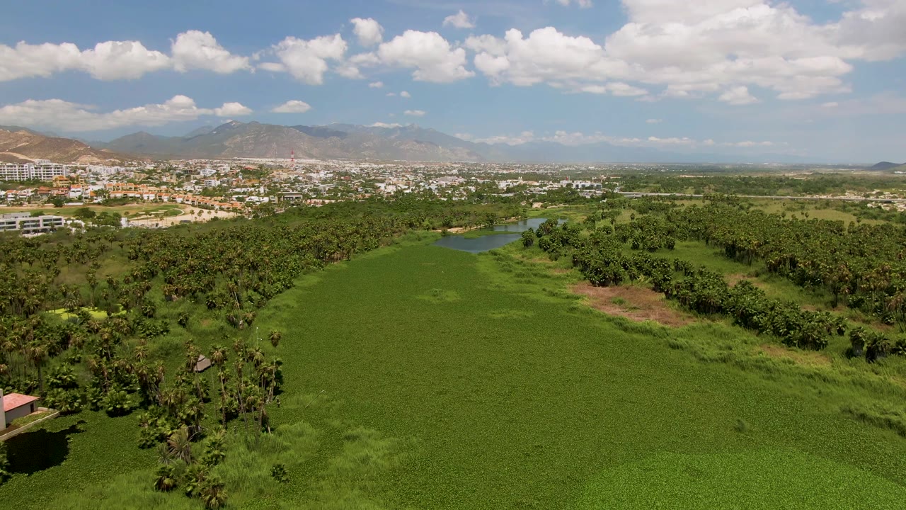 A high drone view over San Jose del Cabo places the green field in the foreground, clustered trees and a small river bend in the midground, and the city and mountains under scattered clouds, with no visible people.