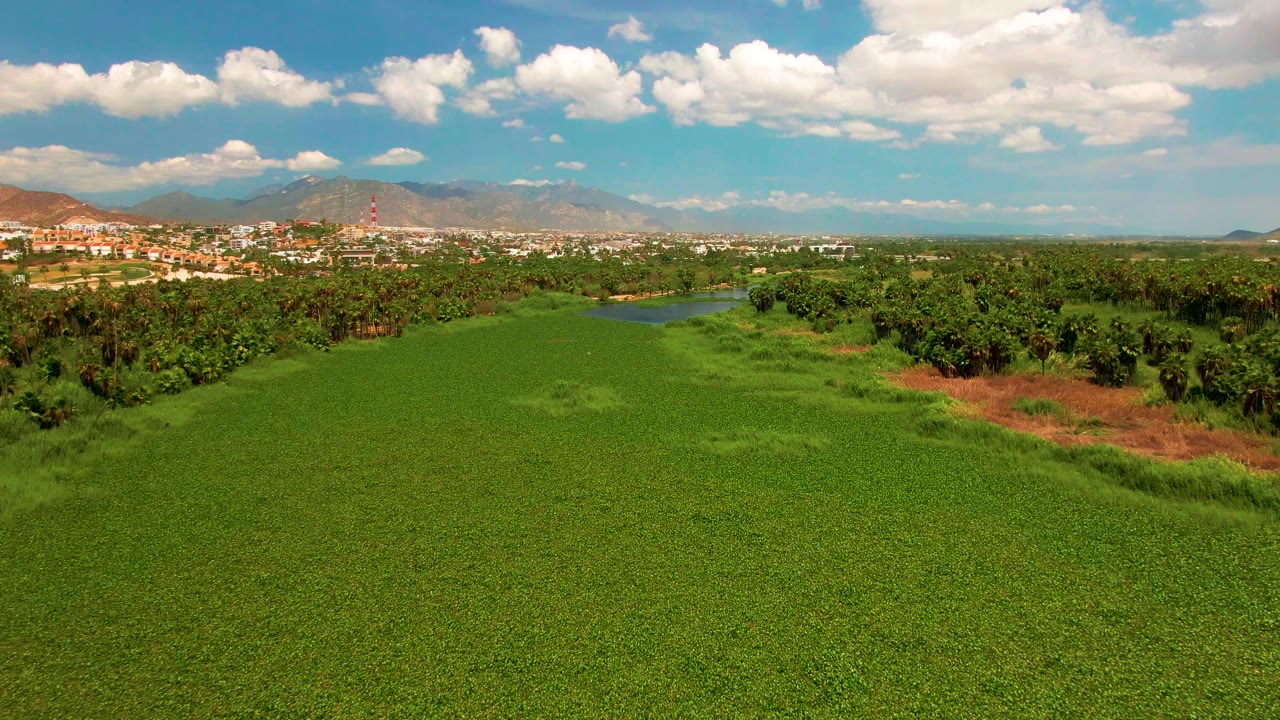 Aerial landscape with green field, red-brown ground patches, trees, water, and mountains.