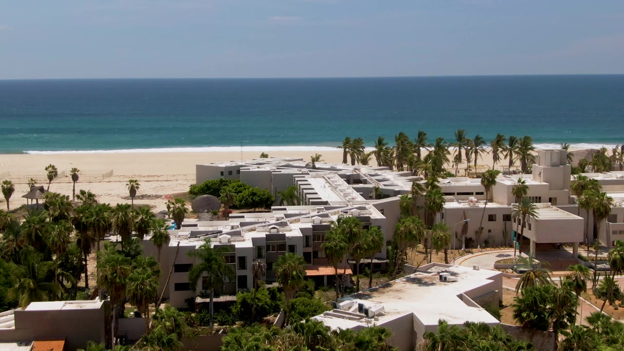 Aerial resort view with palm canopy, white roofs, beach, and ocean.