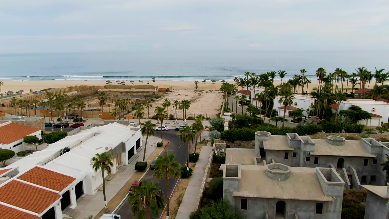 Beachfront residential area with road, palm trees, parked cars, beach, and ocean.