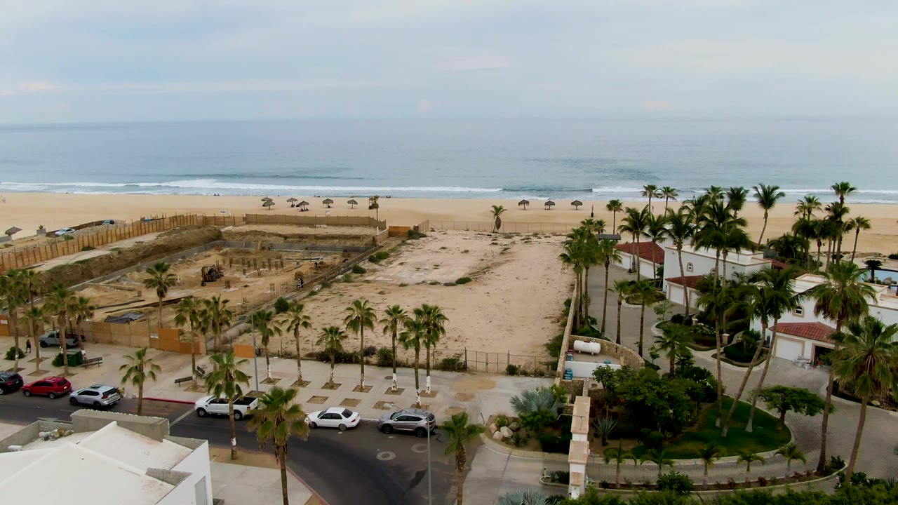 Aerial view in San Jose del Cabo with white buildings and tall palms in the foreground, a wide sandy beach beyond them, muted surf, and no visible people.