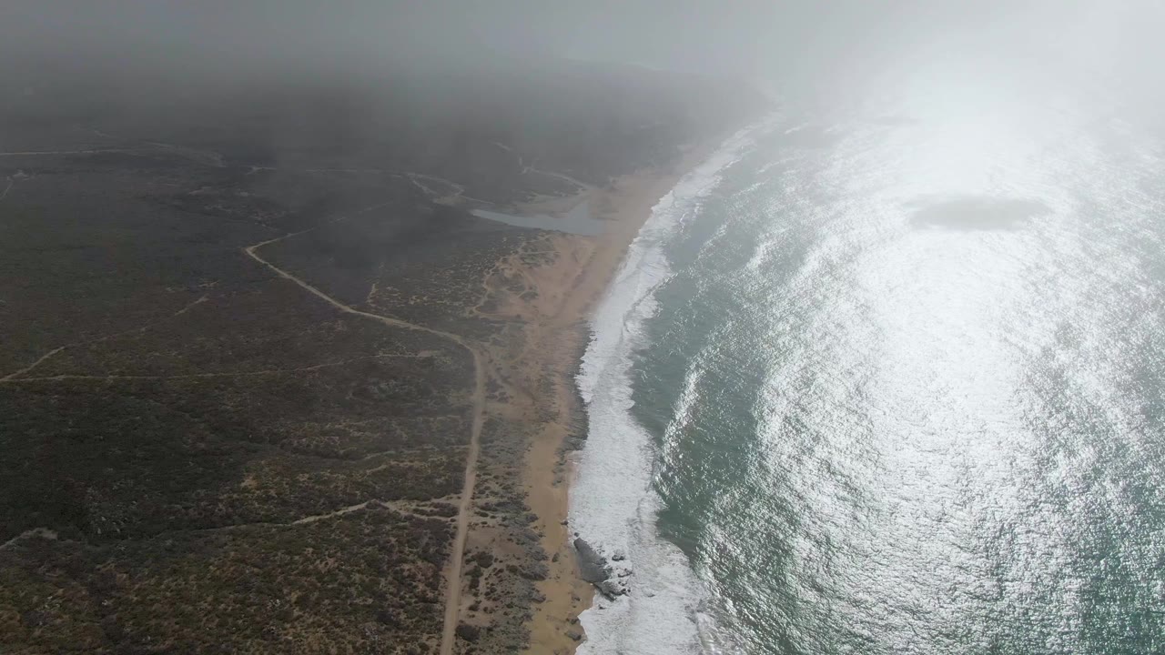 Aerial beach and ocean with surf, scrubland road, and low mist