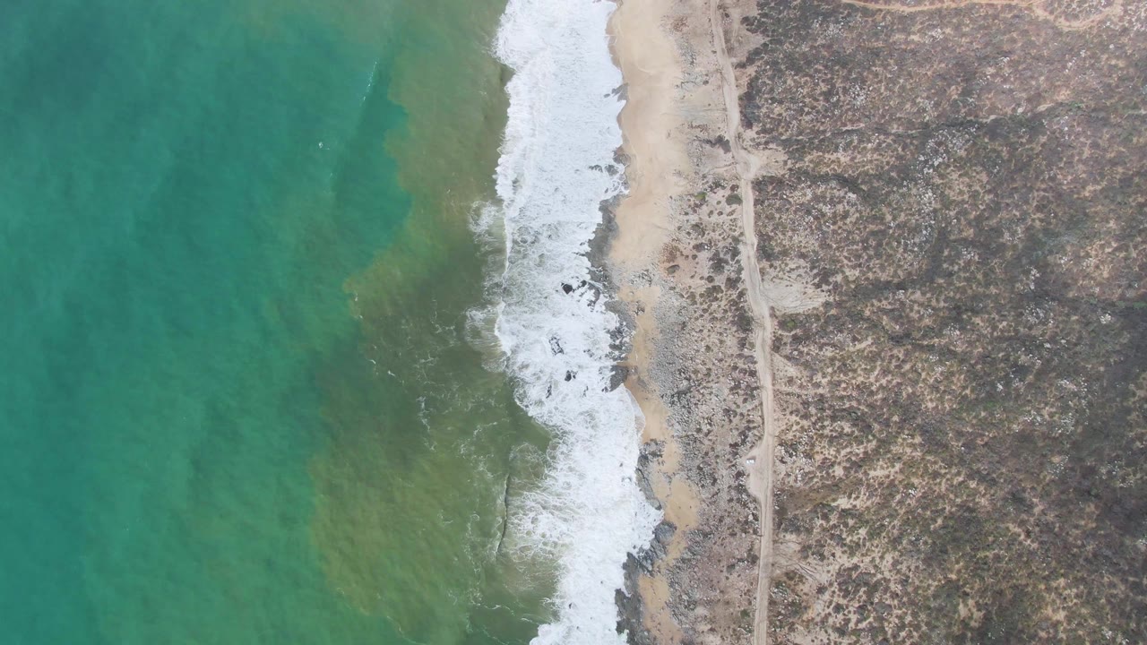 Top-down Punta Gorda East Cape coast with a vertical band of white surf, sandy beach, a faint dirt road through rocky terrain, and no visible people.
