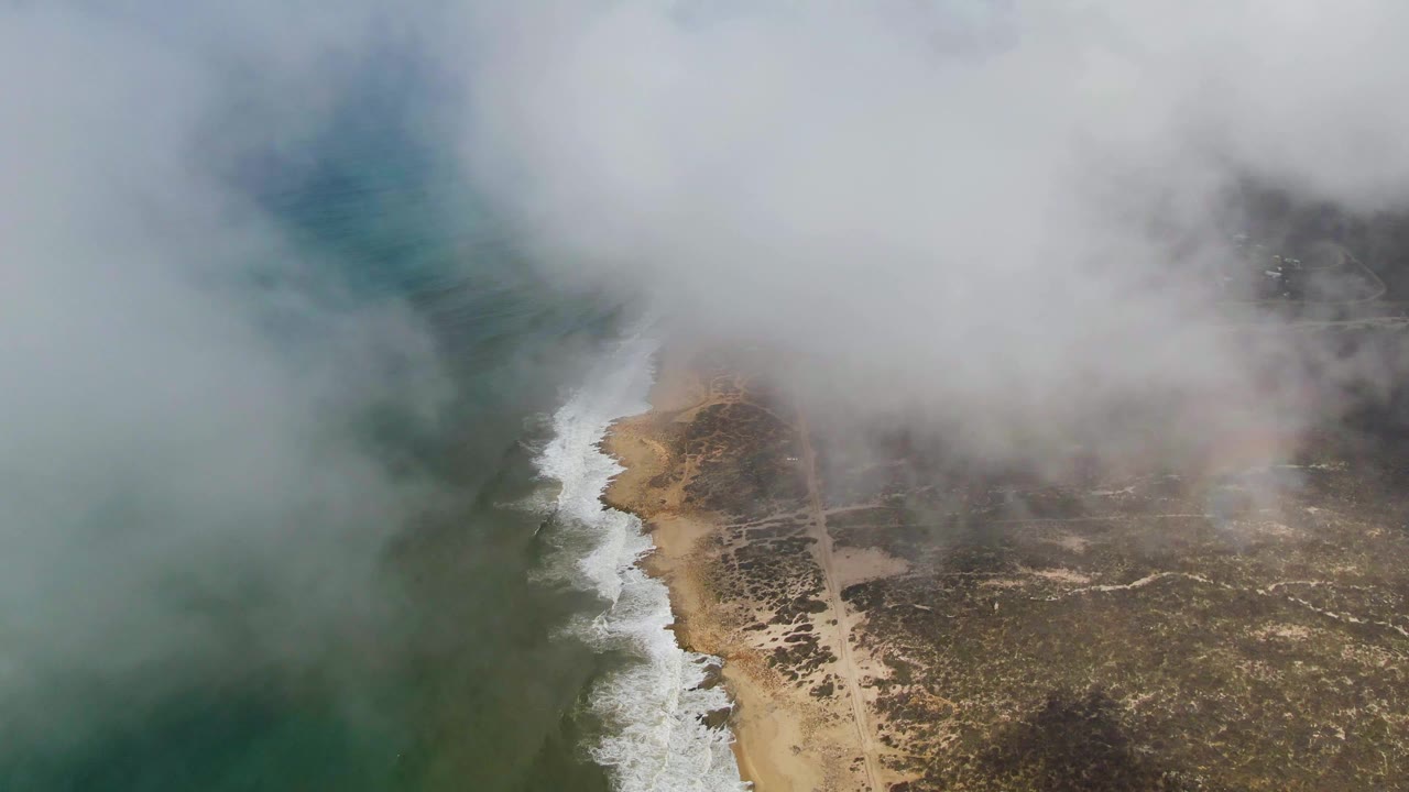 Dense fog over ocean edge, sandy beach, waves, and scrubland.