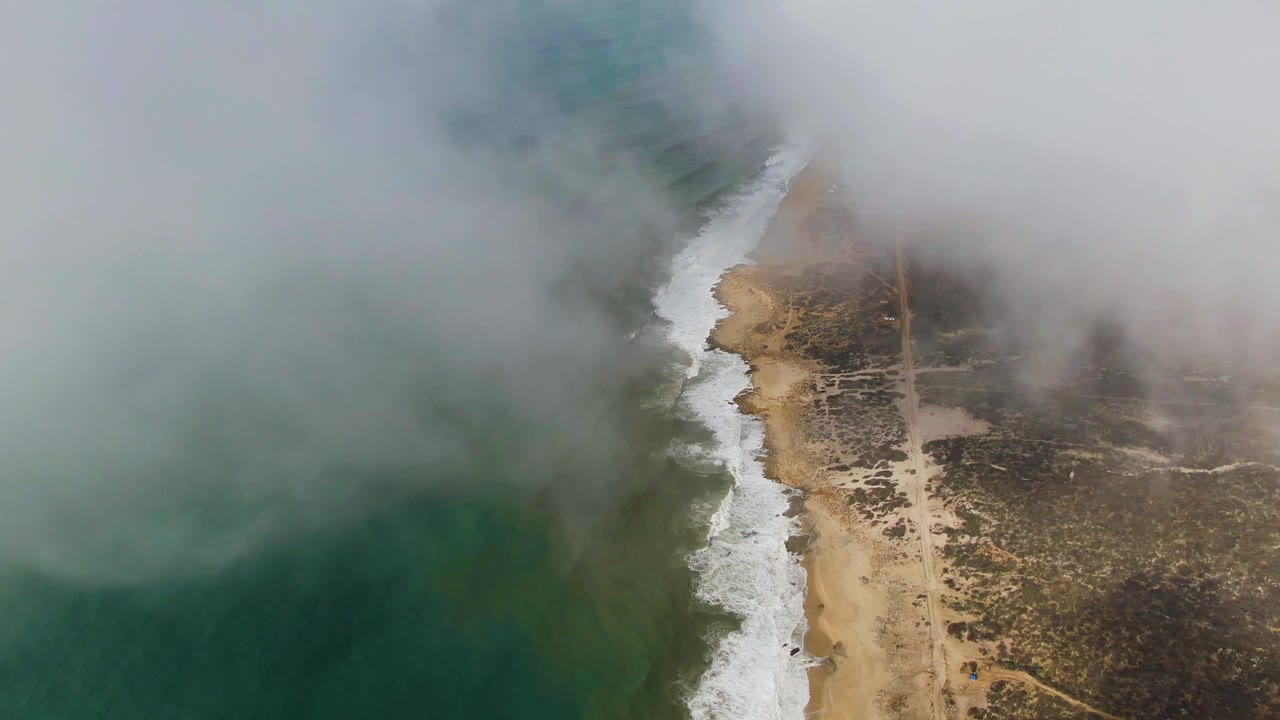 Coastal fog over green water and surf beside a narrow beach.