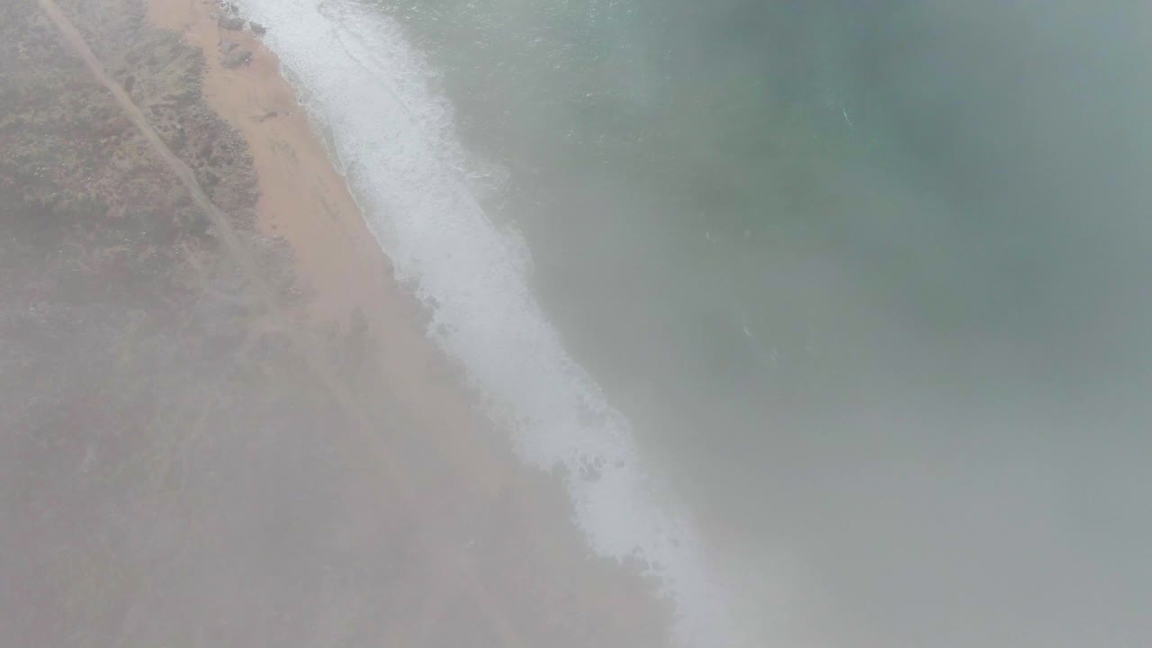 Punta Gorda East Cape shoreline from above, with white waves breaking near the sand, faint dirt tracks through coastal vegetation, muted water color, and no visible people.
