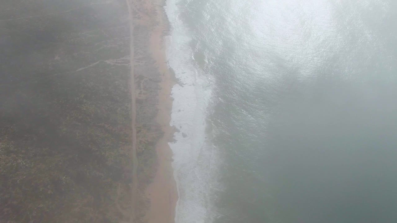 Misty aerial view of waves, beach, coastal road, and dark vegetation.