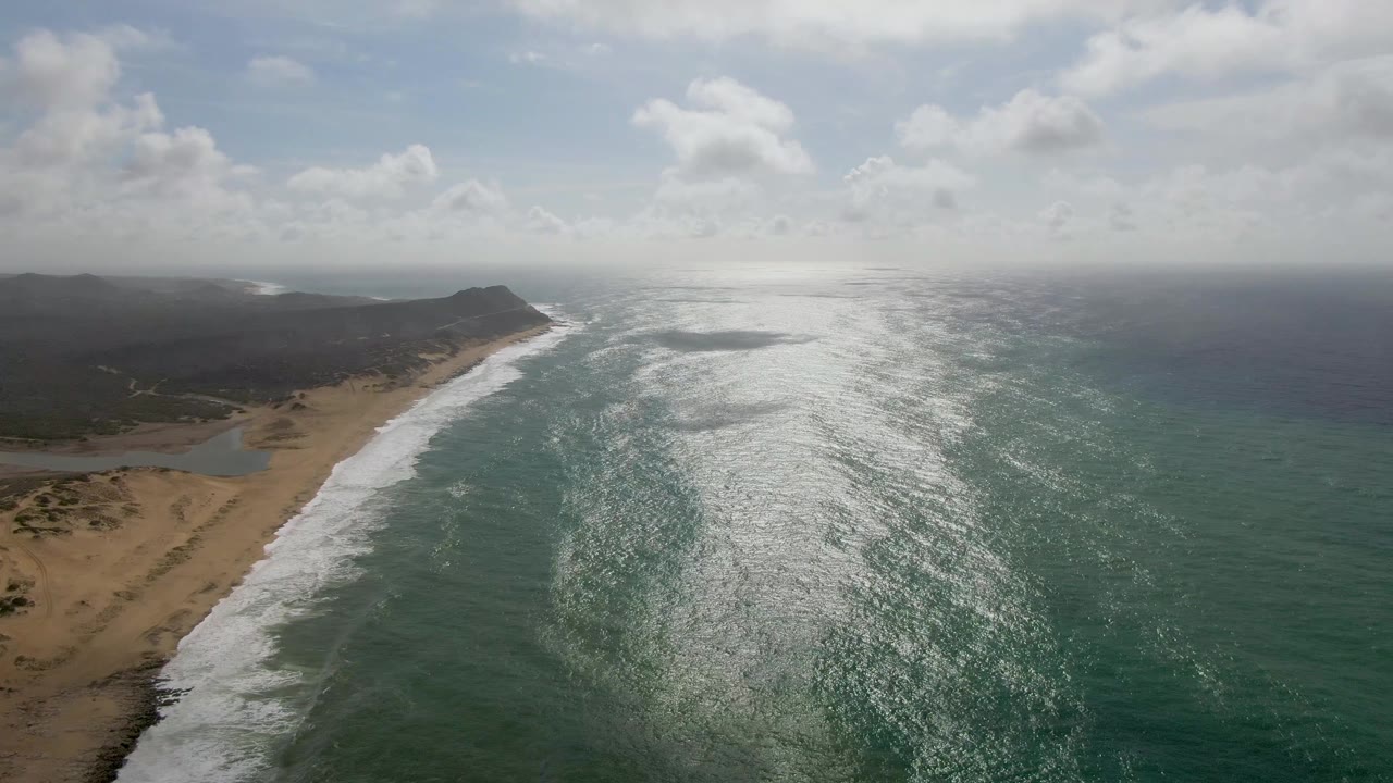Aerial view of waves breaking along a sandy coast beside green-blue ocean.
