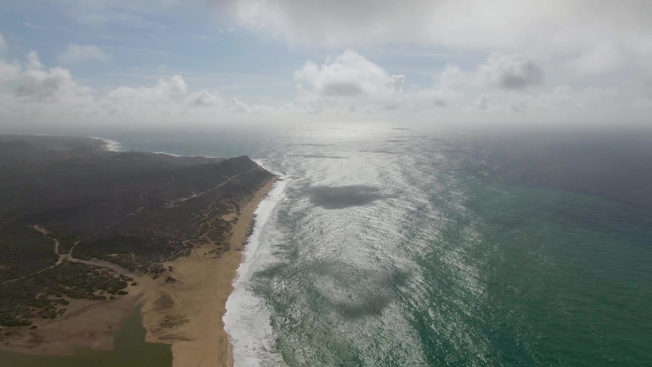 Aerial beach scene with whitewater curling onto sand and vegetation along the coast