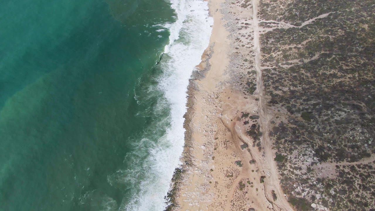 Surf band beside a sandy beach and coastal scrub from above