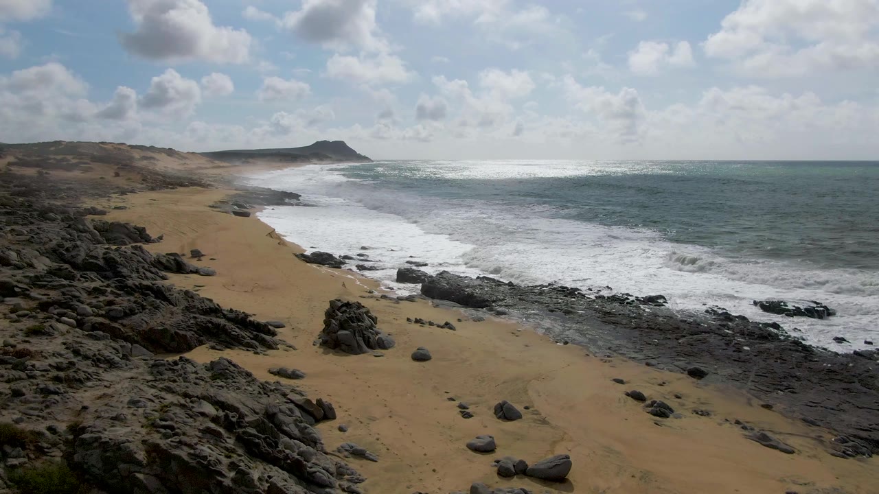 Elevated view of waves breaking along a sandy rocky beach
