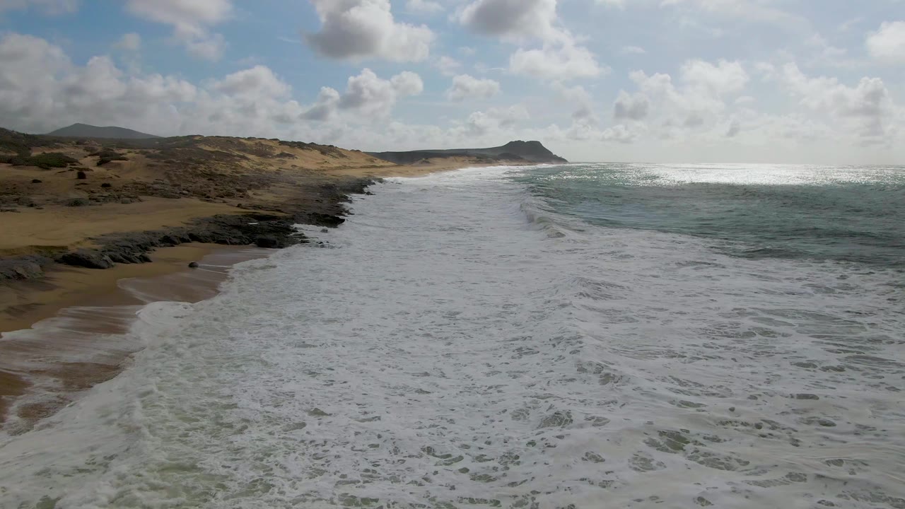 Aerial coastal view with surf washing up a sandy beach near rocks.