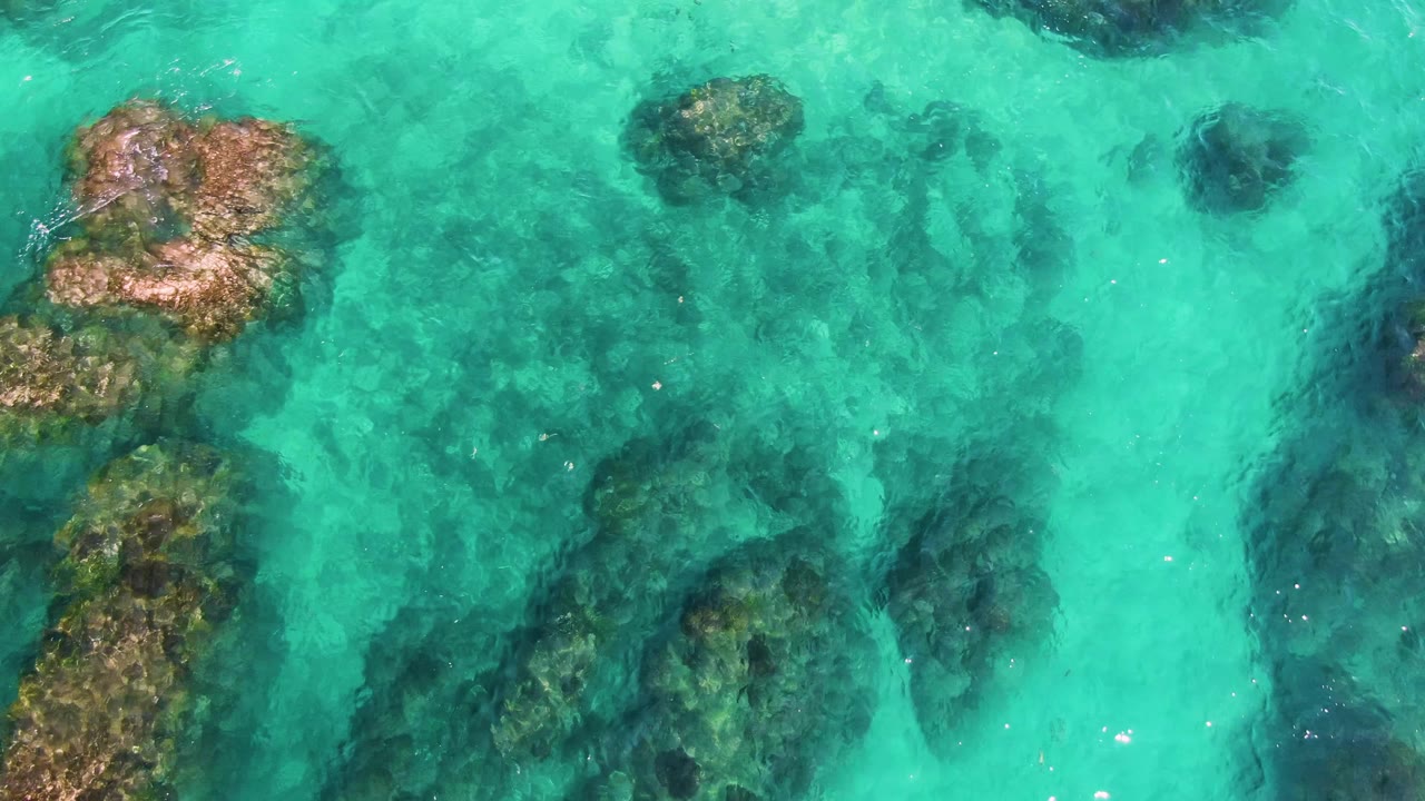 Clear green-blue water at El Tule Los Cabos reveals a larger brown and green rock cluster near the upper center with darker seabed shapes below, no visible people.