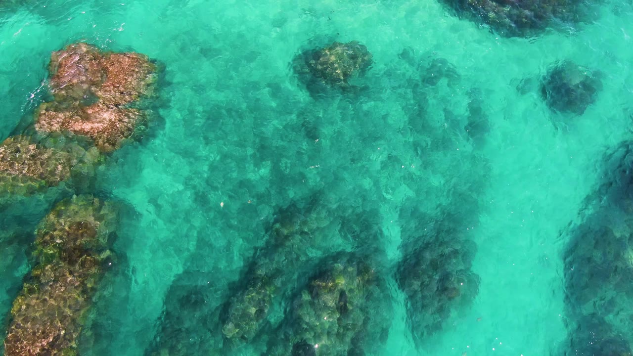 Aqua shallow water at El Tule Los Cabos contains scattered dark underwater rocks and a smaller rounded patch toward the upper right, no visible people.