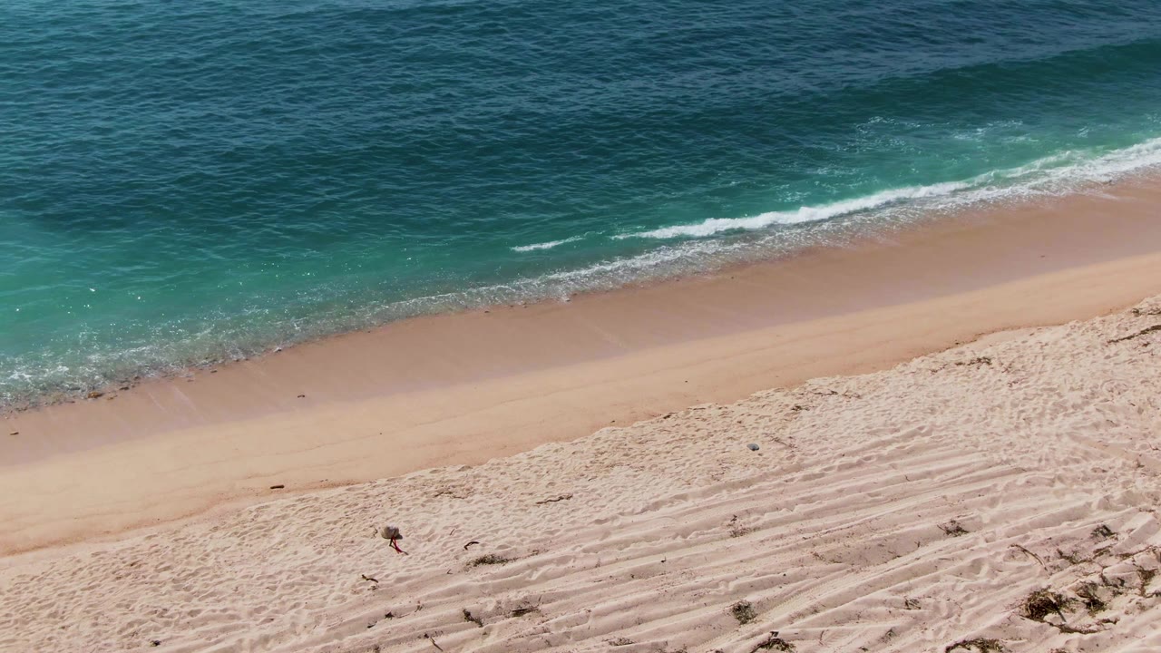 Aerial shoreline with breaking wave and a small person crossing the sand.