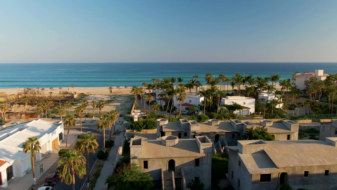 Coastal neighborhood rooftops and palm trees with beach and ocean in the distance.