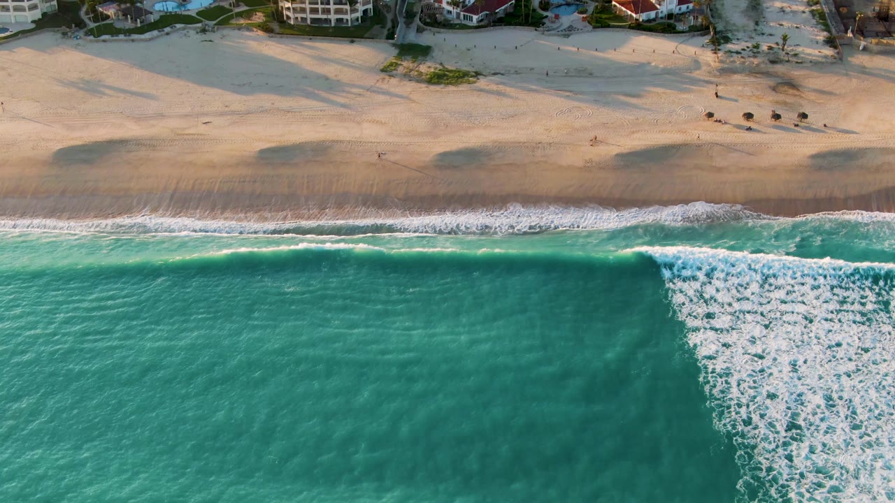 Overhead shore with foam curling toward wet sand