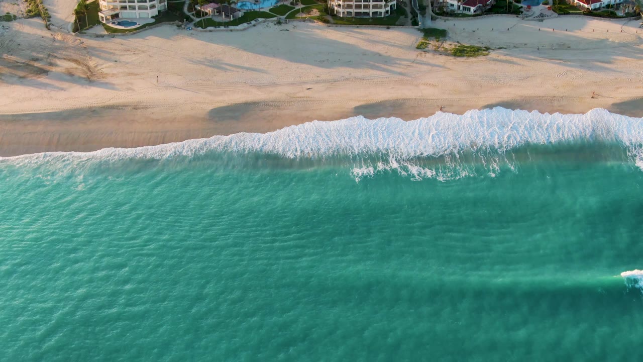 Foamy surf rolls across a sandy beach seen from above.