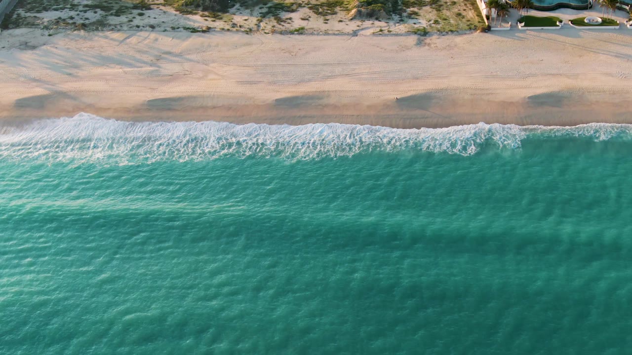 Top-down coastal view in San Jose Del Cabo, Mexico, with white foam spread along the shore, clear green-blue water below, and dune vegetation at the top edge, with no visible people.