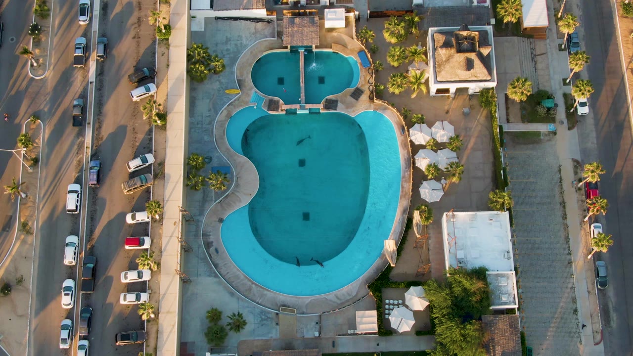 Overhead San Jose del Cabo frame showing a heart-shaped turquoise pool centered between streets, parked cars, palm trees, umbrellas, and low buildings, with no visible people.