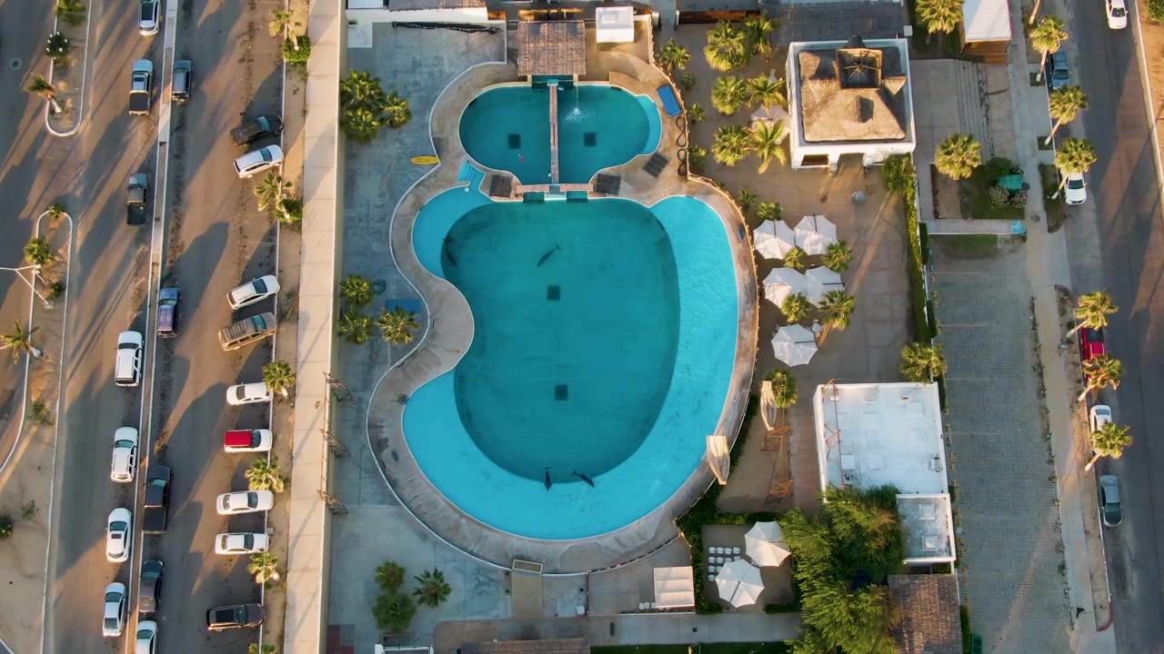 Top-down pool view with cars parked along both sides of nearby streets.