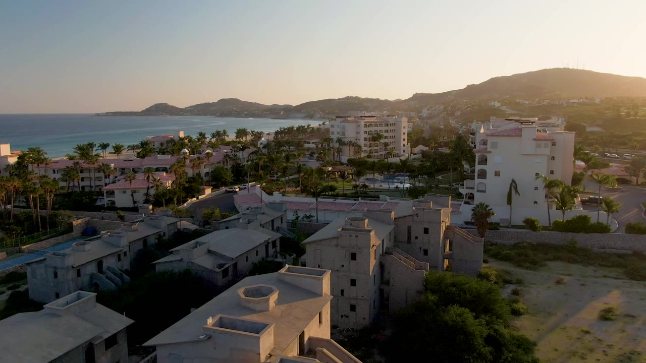 Residential rooftops and palms overlooking coastline at sunset