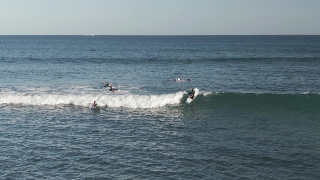 Surfers paddle as a white wave breaks across the ocean.