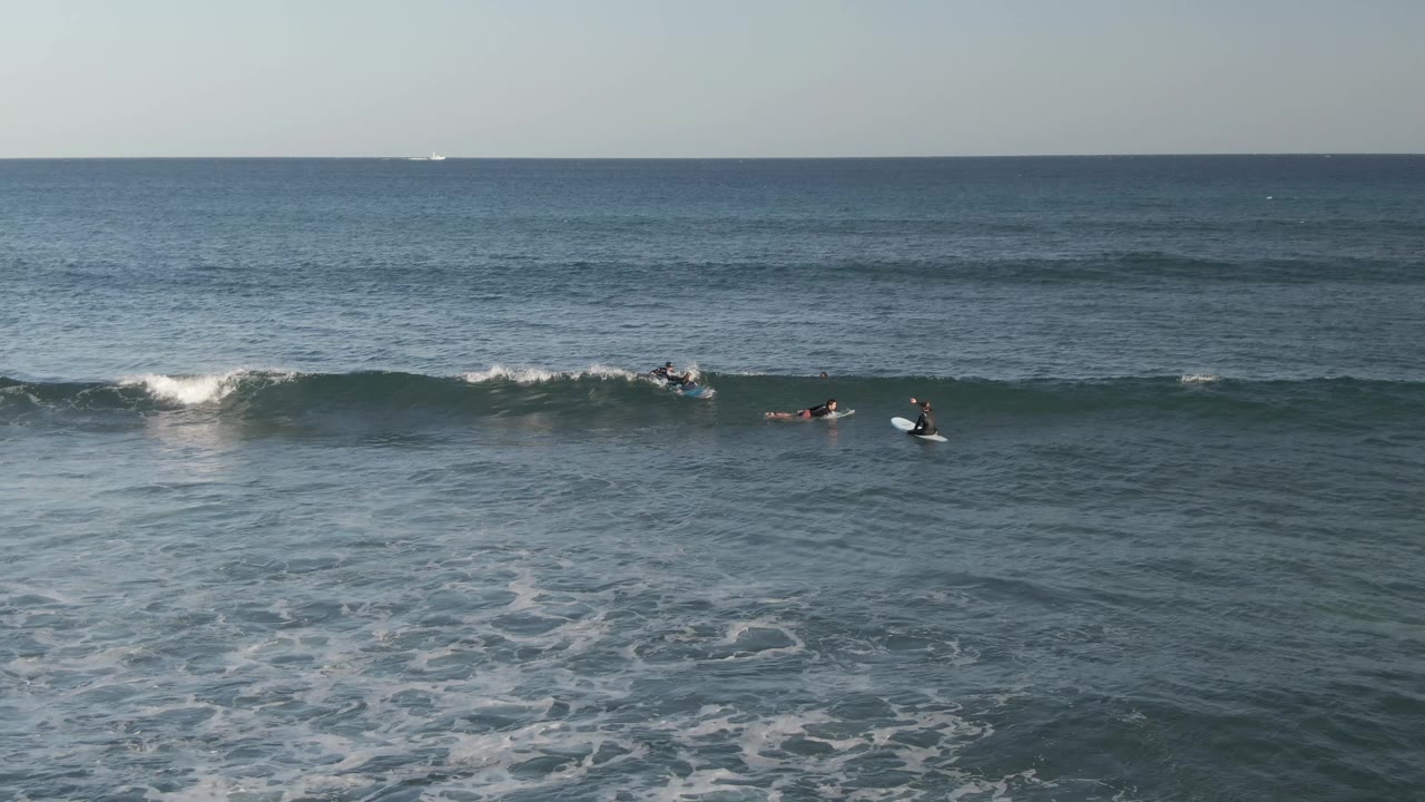 Small surfers near a forming wave on open blue water.