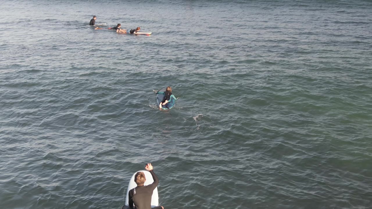 Scattered surfers on surfboards with one surfer closer to the camera.