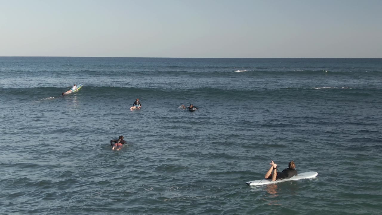 Surfers paddle near a forming wave in open water.