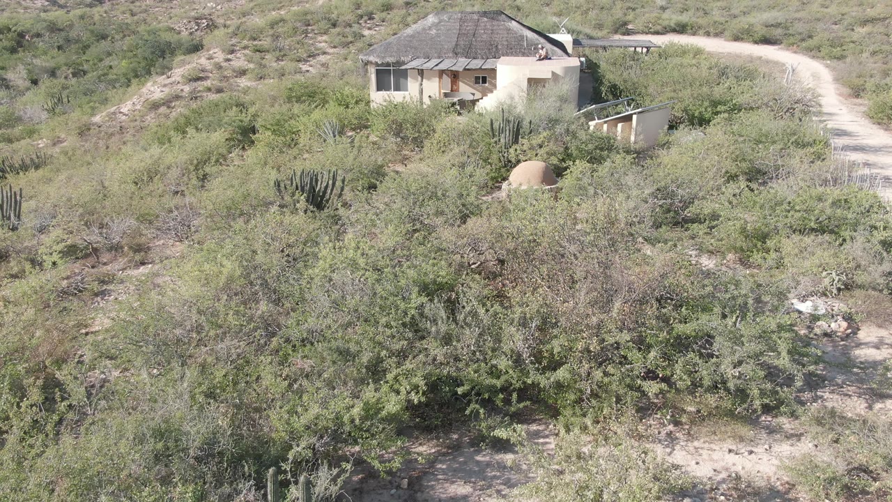 A desert house in Cabo Pulmo, Baja California Sur sits near a curving dirt road, surrounded by shrubs and cacti with dry hills behind it and no visible people.