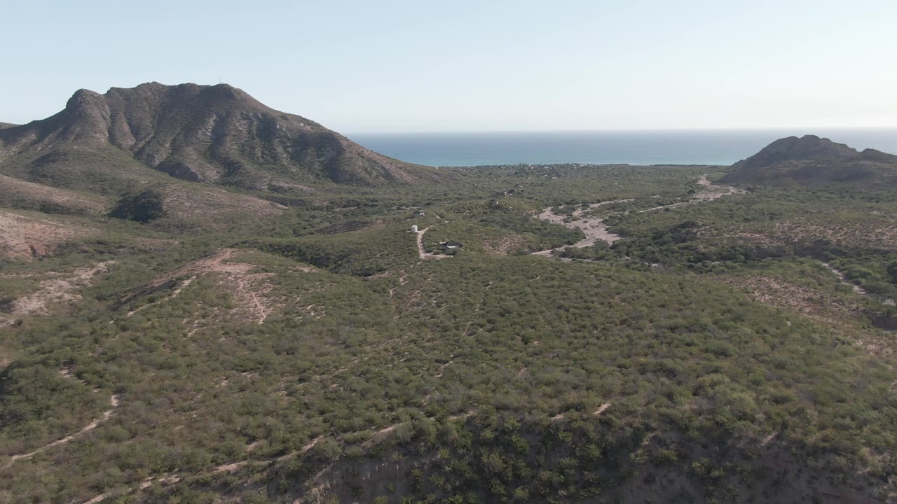Wide aerial view of green coastal hills under a clear sky.