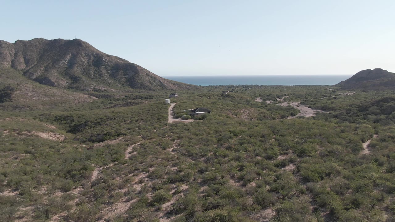 Cabo Pulmo frame with low desert brush filling the foreground, the road and vehicle set back in the middle ground, mountains across the horizon, ocean beyond, and no visible people.