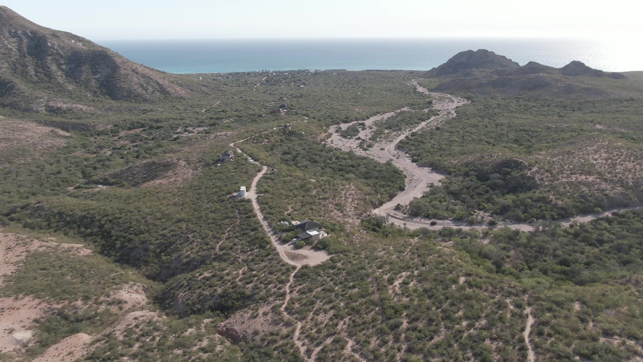 A high aerial view over Cabo Pulmo shows pale dirt roads curving through green and brown hills toward a distant ocean horizon, with no visible people.