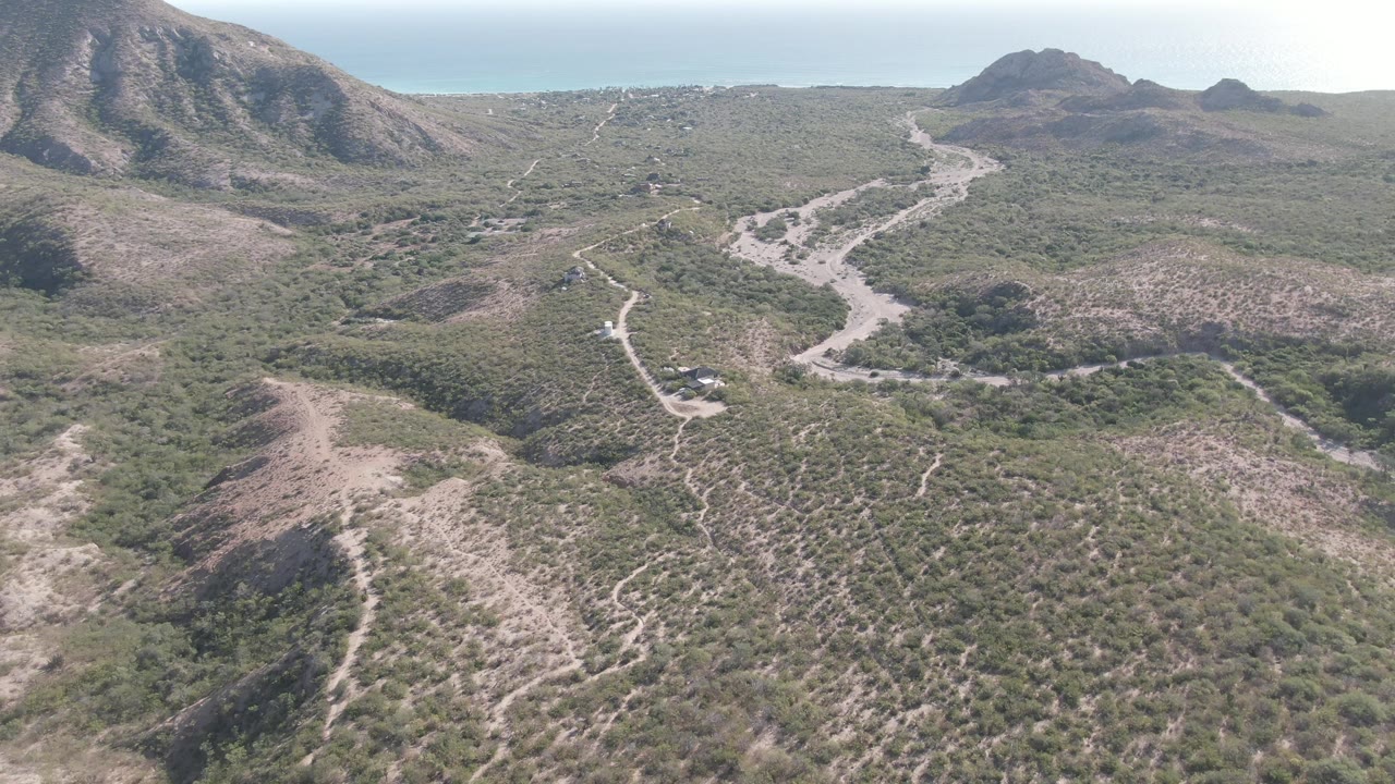 Aerial landscape over Cabo Pulmo, Baja California Sur, showing branching dirt paths, dense low scrub, rocky hillside edges, distant mountains, and no visible people.