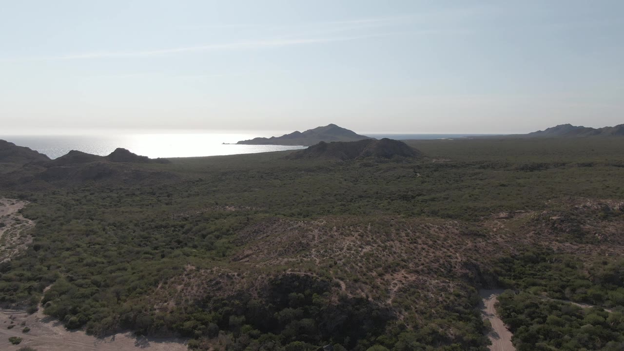 Cabo Pulmo aerial frame with winding pale tracks cutting through scrub-covered brown ridges, distant hills, bright sea, and no visible people.