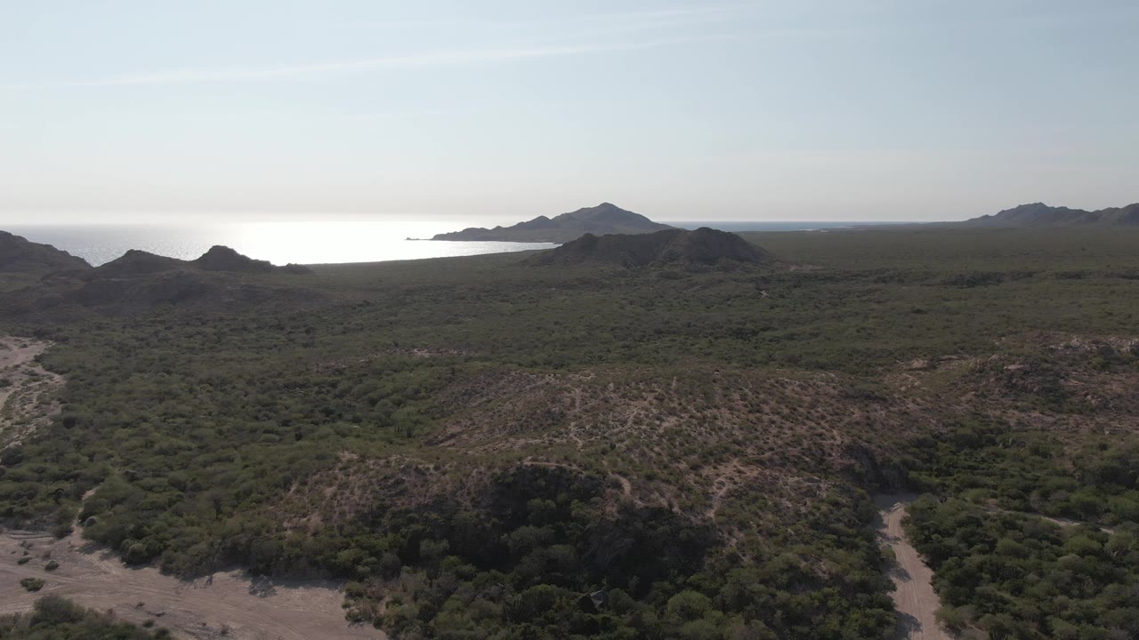 Aerial view in Cabo Pulmo with scrubland filling the foreground, low dark hills across the middle distance, bright ocean behind them, and no visible people.